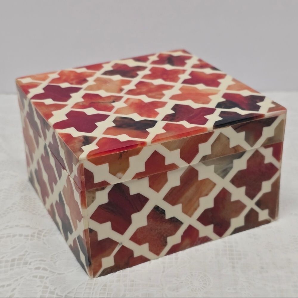 Pottery Barn Moroccan Bone Imitation Jewelry Trinket Box Cottagecore Boho Decor